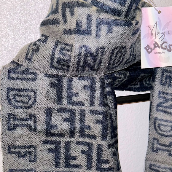 Fendi: Logo and Monogram Wool Tassel Scarf (Grey) - Picture 5 of 13